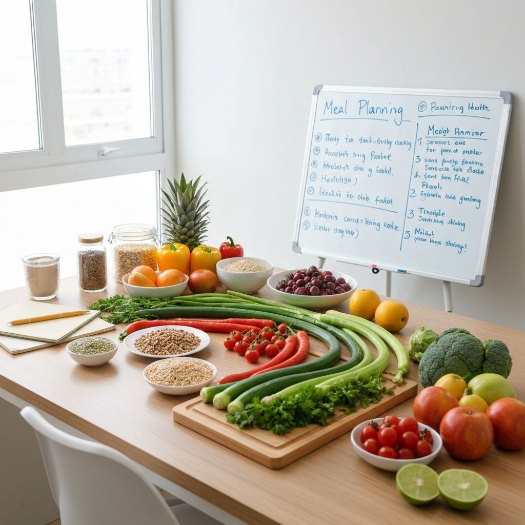 Radni prostor sa raznovrsnom zdravom hranom i bilješkama o planiranju ishrane